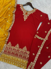 Traditional wear Red Color Kurti Dhoti With Contrast Dupatta