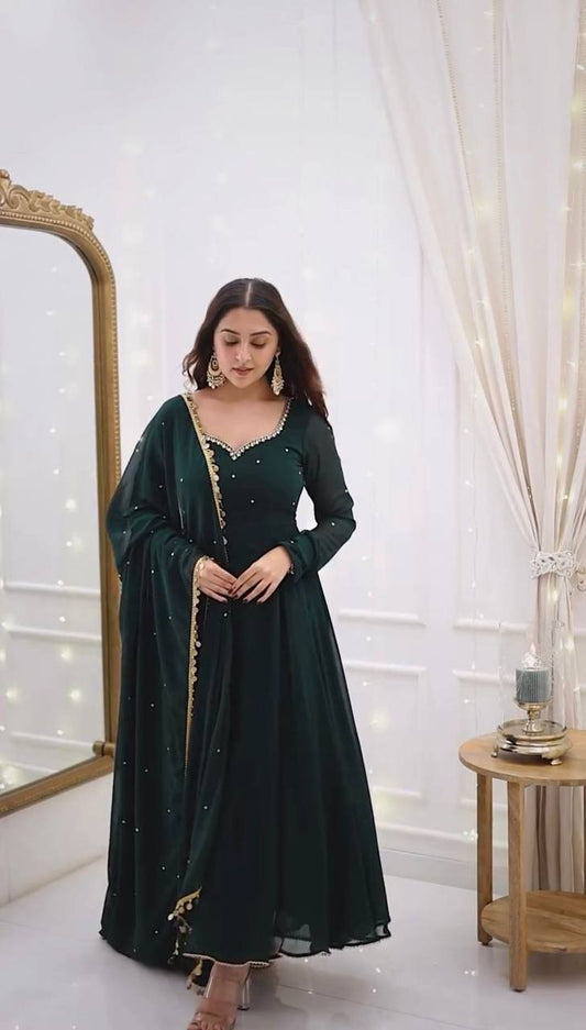 Elegant Plain Green Color Anarkali Gown