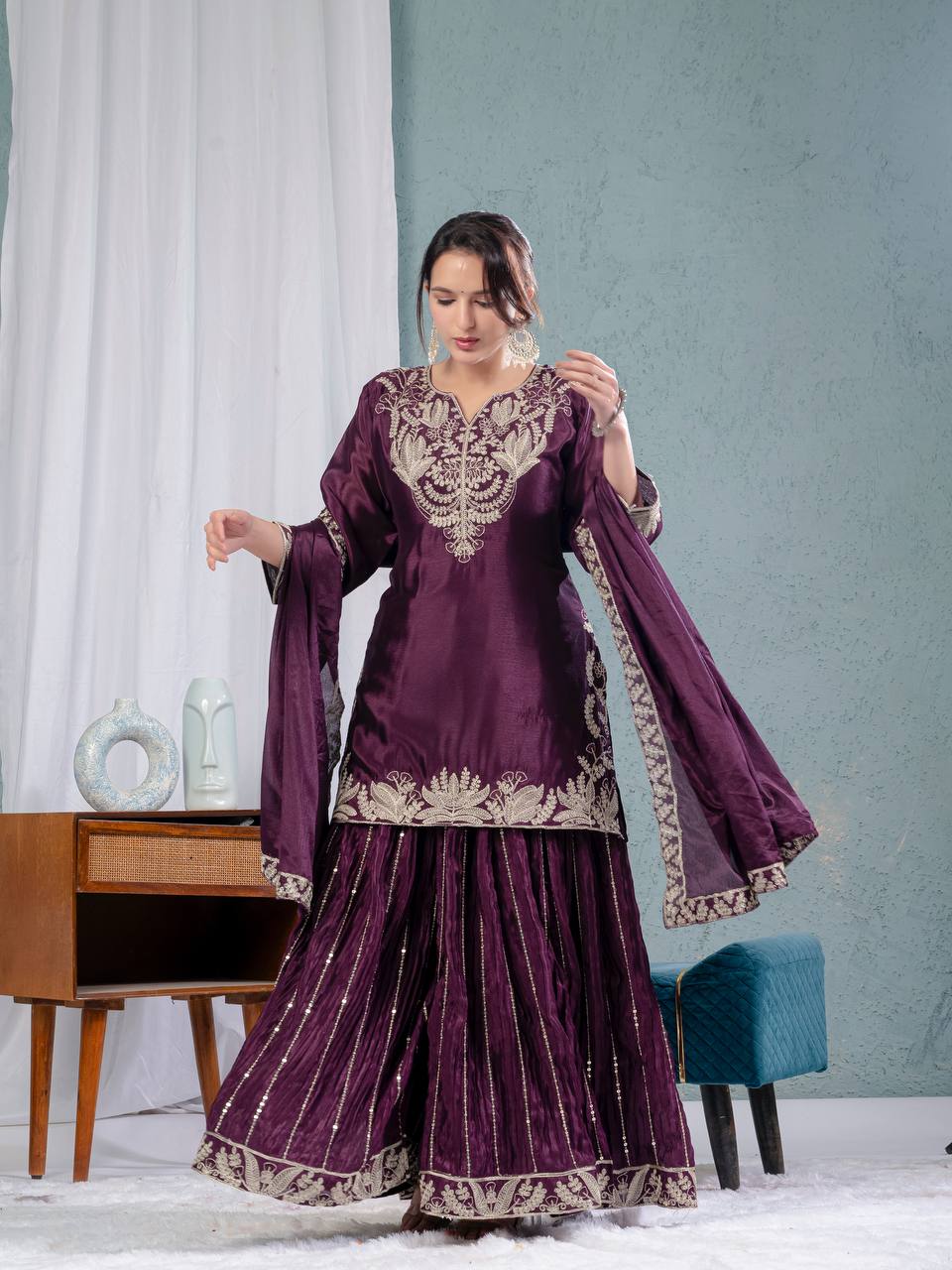 Festive Wear Sequence Work Wine Color Sharara Suit