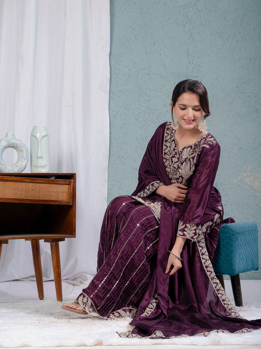 Festive Wear Sequence Work Wine Color Sharara Suit