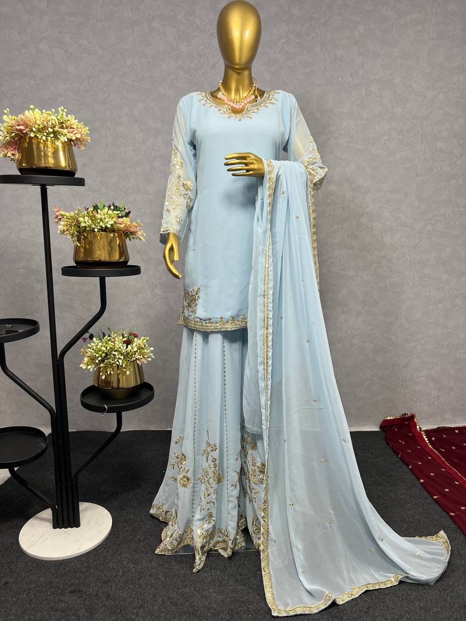 Wedding & Party Wear Sky Blue Color Kurti With Sharara And Dupatta