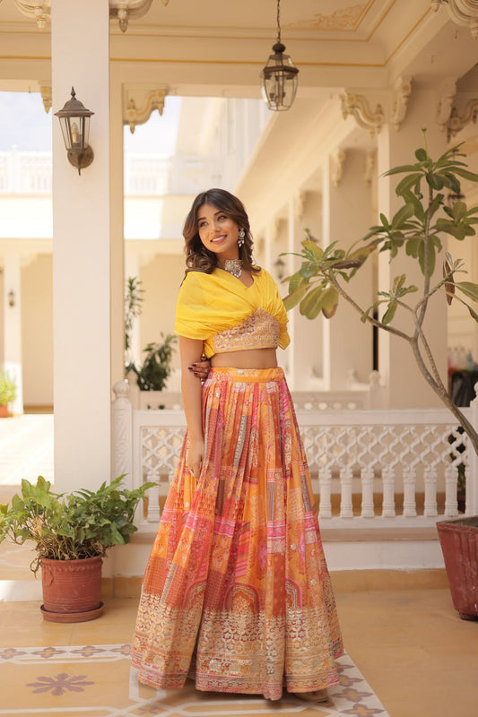 Traditional wear Russian Silk Yellow Color Lehenga