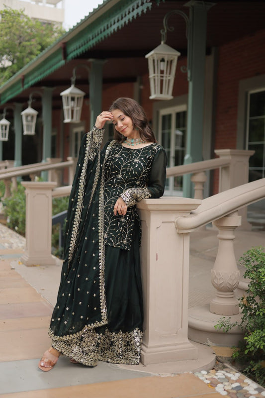 Marriage Special Rangoli Silk Green Color Palazzo Suit With Dupatta