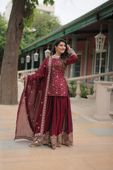 Marriage Special Rangoli Silk Maroon Color Palazzo Suit With Dupatta