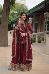 Marriage Special Rangoli Silk Maroon Color Palazzo Suit With Dupatta