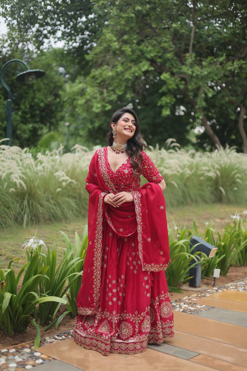 Occasion Wear Rangoli Silk Red Color Lehenga Choli