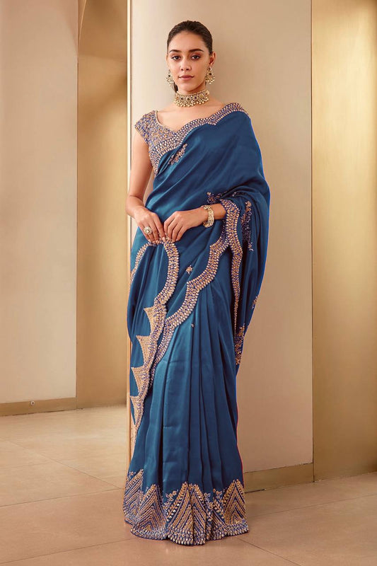 Blissful Embroidery Work Aque Blue Color Saree