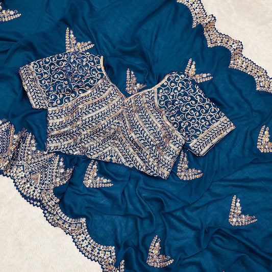 Blissful Embroidery Work Aque Blue Color Saree