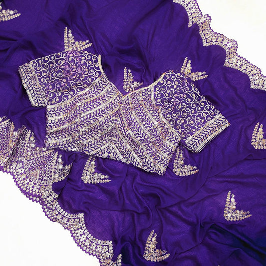 Blissful Embroidery Work Purple Blue Color Saree