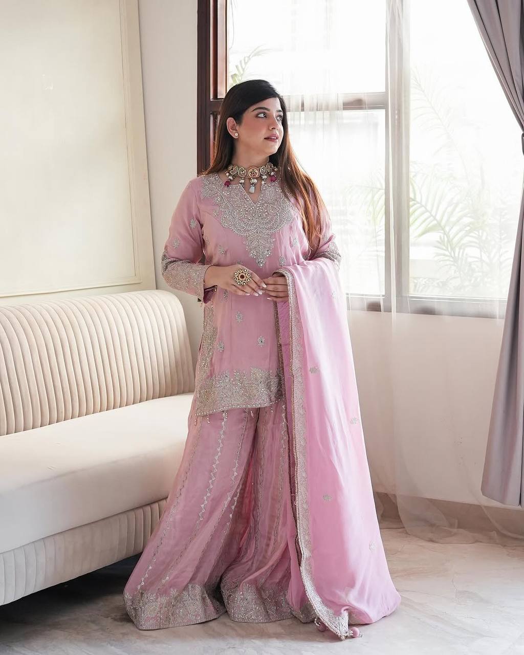 Delightful Pink Color Embroidery Top Gharara With Dupatta Set