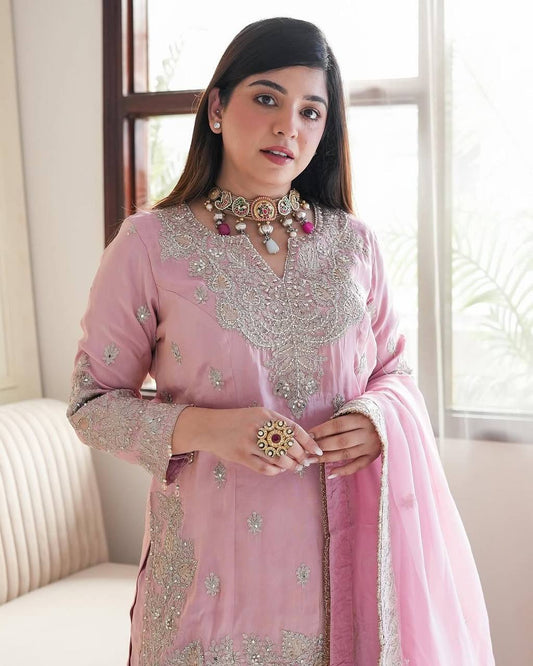 Delightful Pink Color Embroidery Top Gharara With Dupatta Set