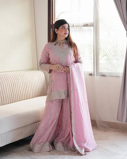Delightful Pink Color Embroidery Top Gharara With Dupatta Set