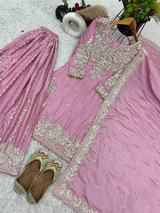 Delightful Pink Color Embroidery Top Gharara With Dupatta Set