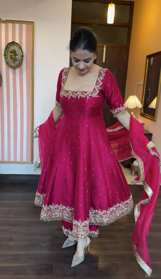 Beautiful Vichitra Silk Pink Color Anarkali Gown