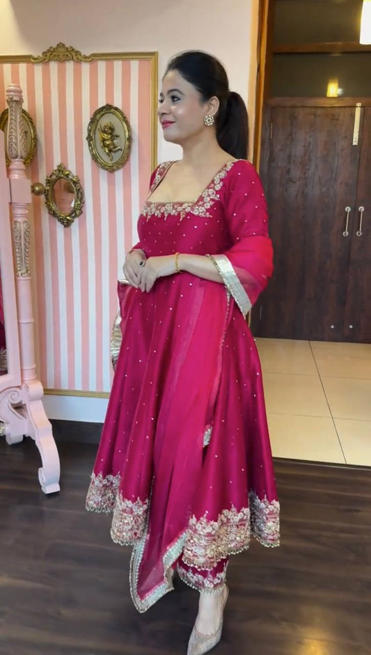 Beautiful Vichitra Silk Pink Color Anarkali Gown