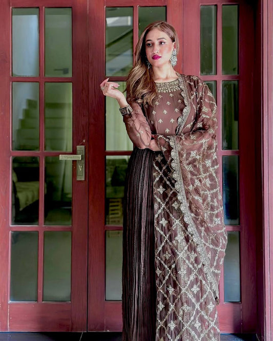 Designer Sequence Work Brown Color Gown