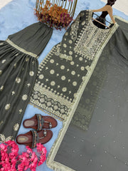 Superhit Georgette Mehndi Grey Color Sharara Suit