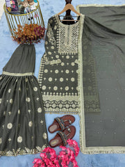 Superhit Georgette Mehndi Grey Color Sharara Suit