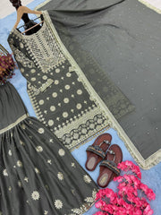 Superhit Georgette Mehndi Grey Color Sharara Suit
