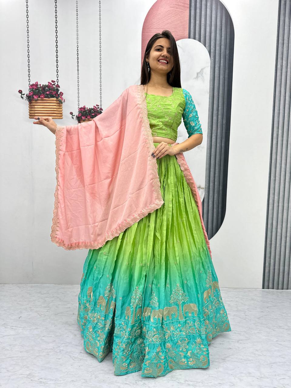 Traditional wear Double Shaded Green With Sky Color Lehenga Choli