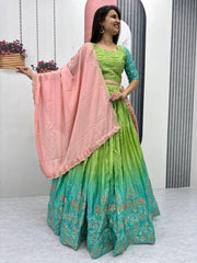Traditional wear Double Shaded Green With Sky Color Lehenga Choli