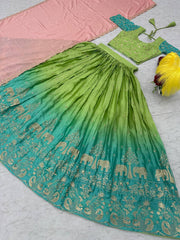 Traditional wear Double Shaded Green With Sky Color Lehenga Choli