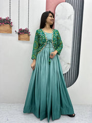 Beautiful Chinon Tudey Sky Blue Color Teal Blue Koti Gown