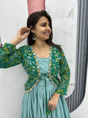 Beautiful Chinon Tudey Sky Blue Color Teal Blue Koti Gown