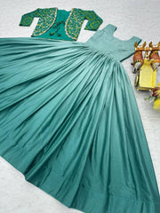 Beautiful Chinon Tudey Sky Blue Color Teal Blue Koti Gown