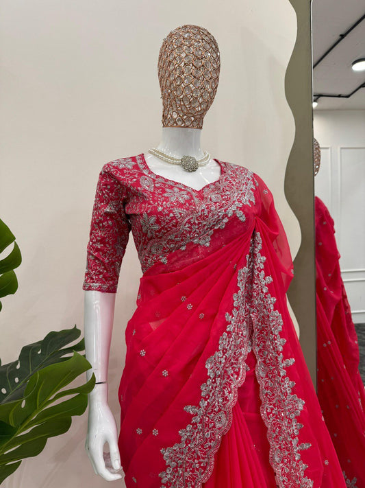 Wedding & Party Wear Thred & Sequnce Work Pink Color Saree