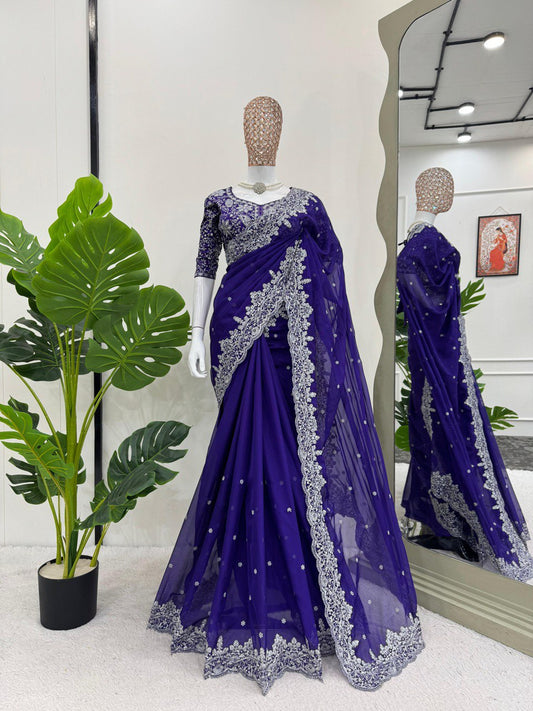Wedding & Party Wear Thred & Sequnce Work Blue Color Saree