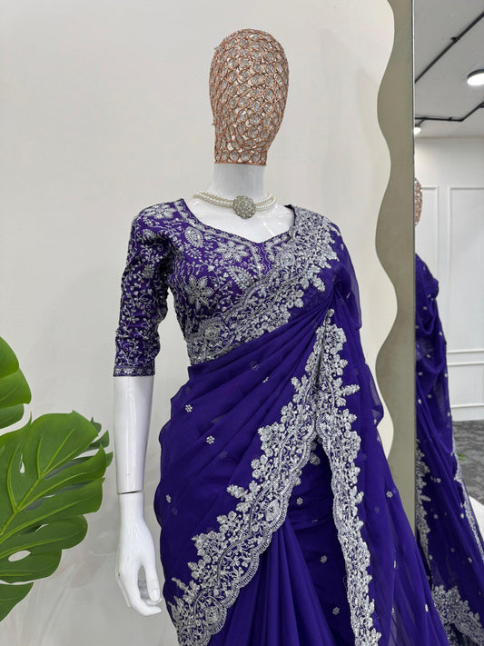 Wedding & Party Wear Thred & Sequnce Work Blue Color Saree