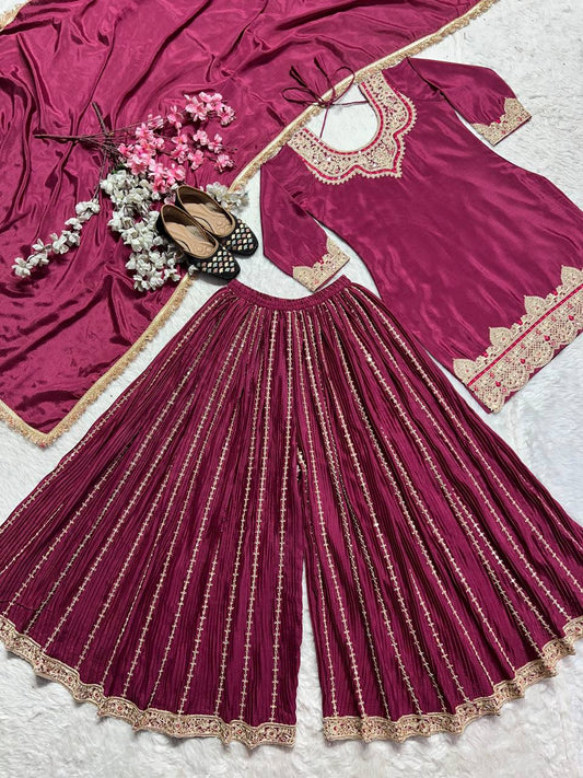 Decent Embroidery Sequence Work Wine Color Sharara suit