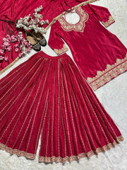 Decent Embroidery Sequence Work Red Color Sharara suit