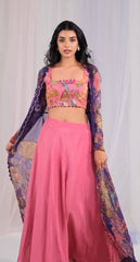 Decent Kalamkari Print Pink Color Palazzo Top With Shrug