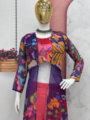 Decent Kalamkari Print Pink Color Palazzo Top With Shrug
