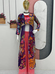 Decent Kalamkari Print Pink Color Palazzo Top With Shrug