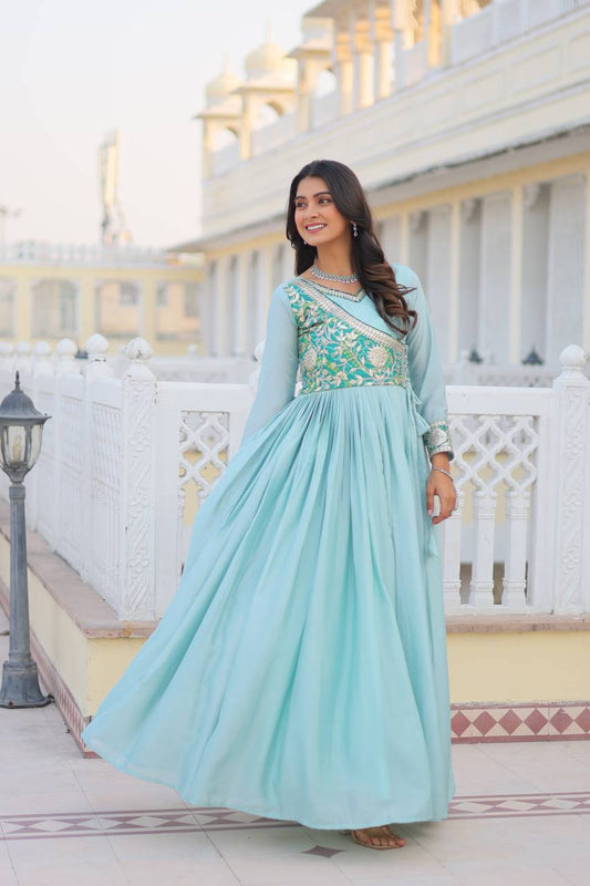 Superhit Sky Blue Color bandhrej Long Gown