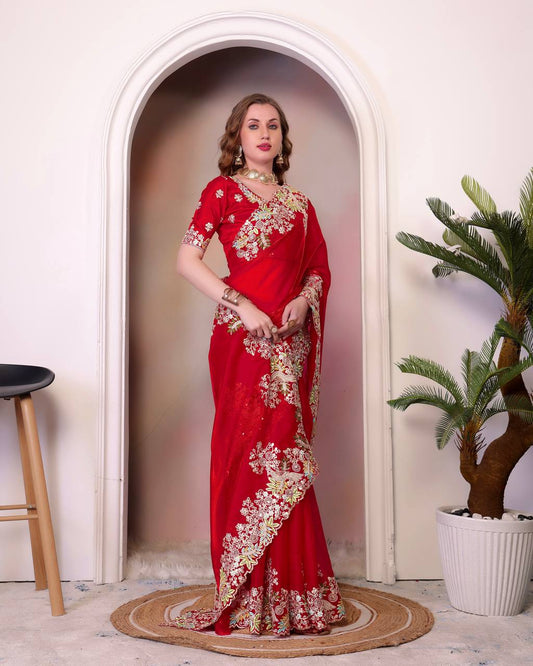 Marriage Special Heavy Embroidery Red Color Saree