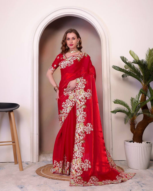 Marriage Special Heavy Embroidery Red Color Saree