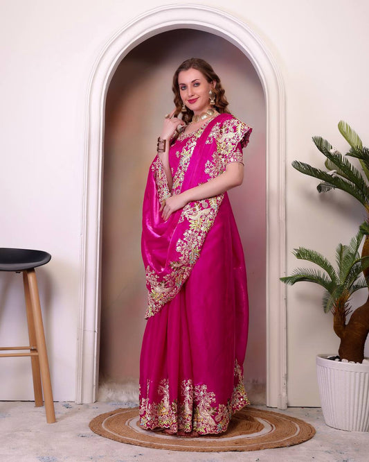 Marriage Special Heavy Embroidery Pink Color Saree