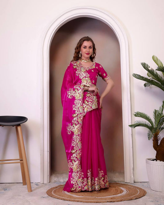 Marriage Special Heavy Embroidery Pink Color Saree