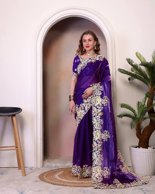 Marriage Special Heavy Embroidery Purple Color Saree