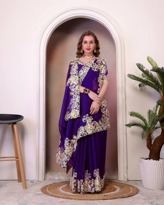 Marriage Special Heavy Embroidery Purple Color Saree