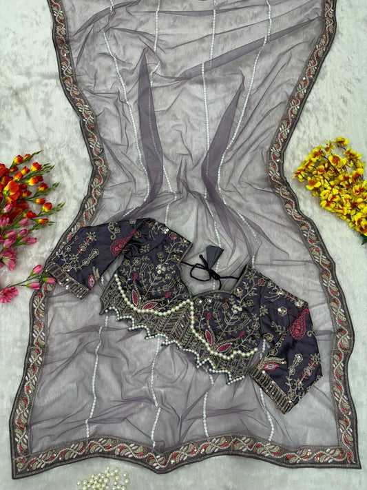 Party Wear Hand Diamond Work Purple Color saree