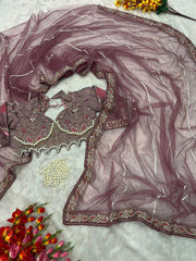 Party Wear Hand Diamond Work Wine Color saree