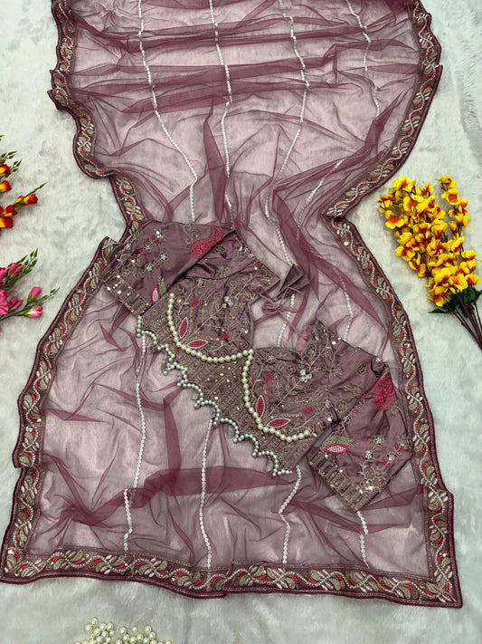 Party Wear Hand Diamond Work Wine Color saree