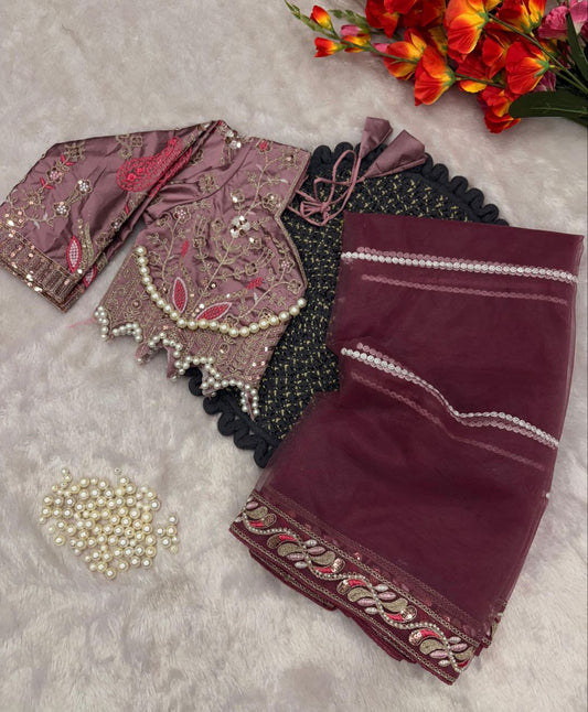 Party Wear Hand Diamond Work Wine Color saree