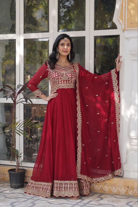 Preferable Zari Sequins Work Red Color Gown