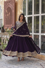 Preferable Zari Sequins Work Purple Color Gown